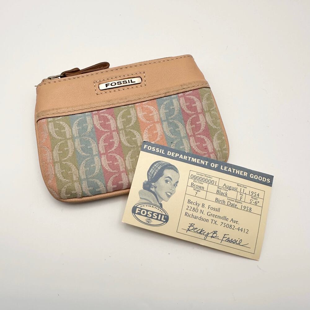 Fossil Vintage Multicolor Patterned Leather ID Coin Purse Mini Wallet Top Zipper